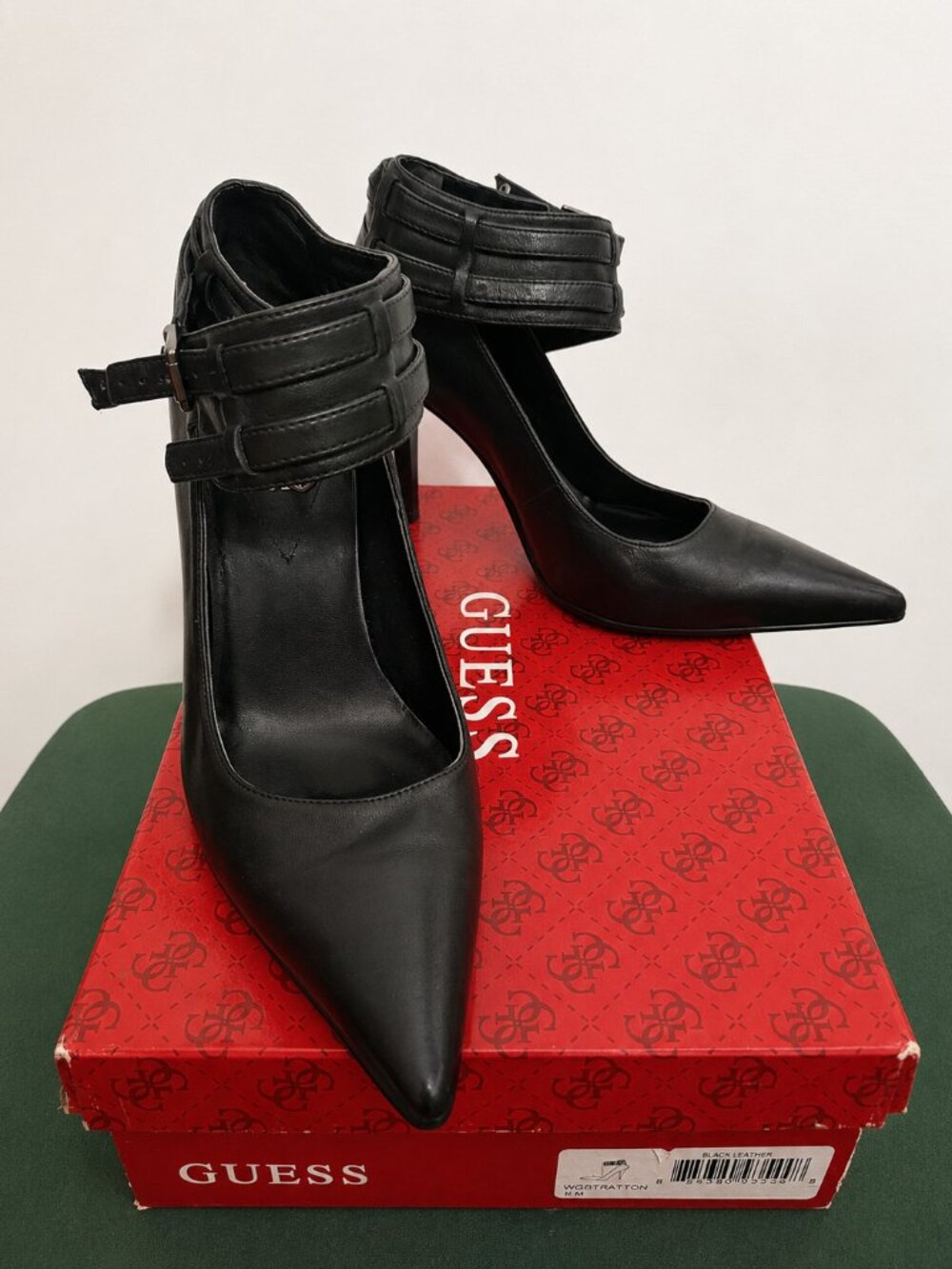 GUESS Stratton Black Leather Ankle Strap Pumps Heels 8